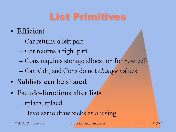 List Primitives • Efficient – Car returns a left part – Cdr returns a