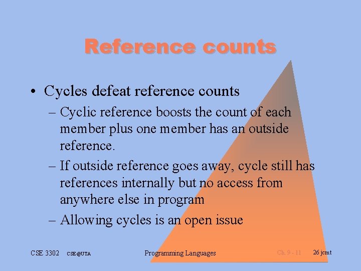 Reference counts • Cycles defeat reference counts – Cyclic reference boosts the count of