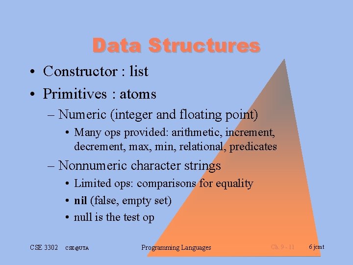 Data Structures • Constructor : list • Primitives : atoms – Numeric (integer and