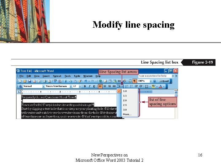 Modify line spacing New Perspectives on Microsoft Office Word 2003 Tutorial 2 XP 16 Modify line spacing New Perspectives on Microsoft Office Word 2003 Tutorial 2 XP 16