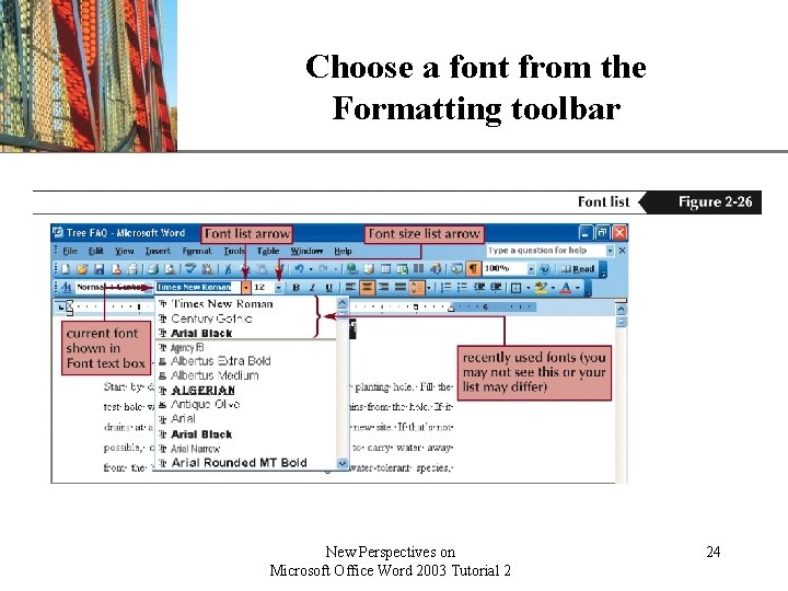 Choose a font from the Formatting toolbar New Perspectives on Microsoft Office Word 2003 Choose a font from the Formatting toolbar New Perspectives on Microsoft Office Word 2003