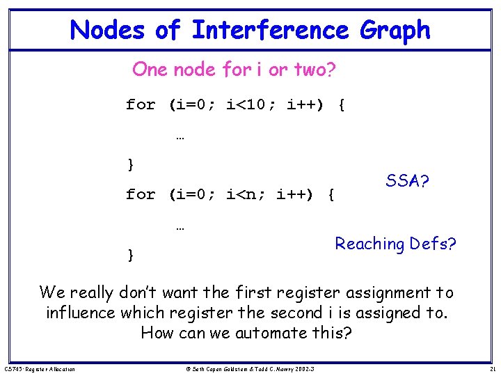 Nodes of Interference Graph One node for i or two? for (i=0; i<10; i++)