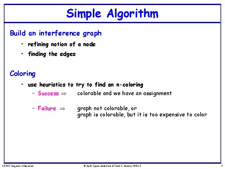 Simple Algorithm Build an interference graph • refining notion of a node • finding