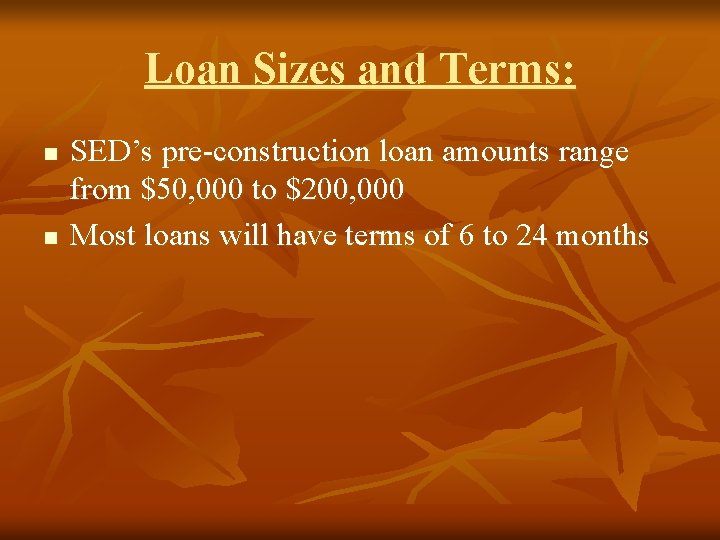 Loan Sizes and Terms: n n SED’s pre-construction loan amounts range from $50, 000