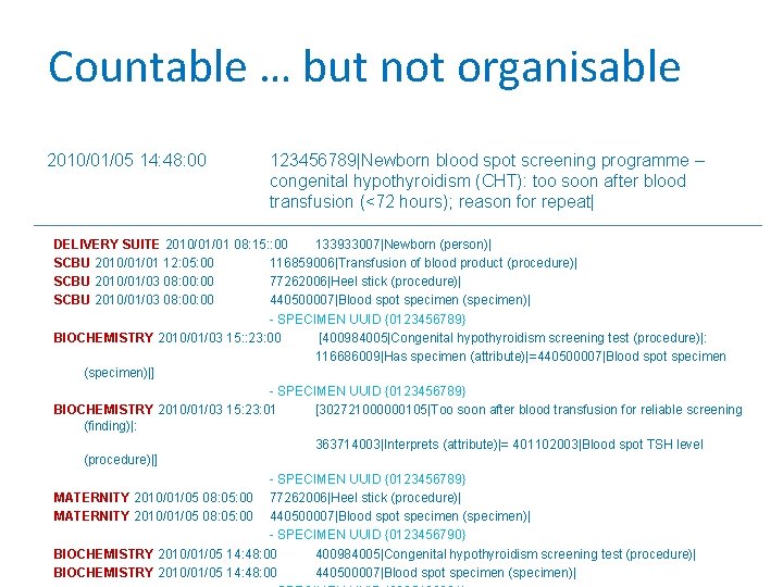 Countable … but not organisable 2010/01/05 14: 48: 00 123456789|Newborn blood spot screening programme