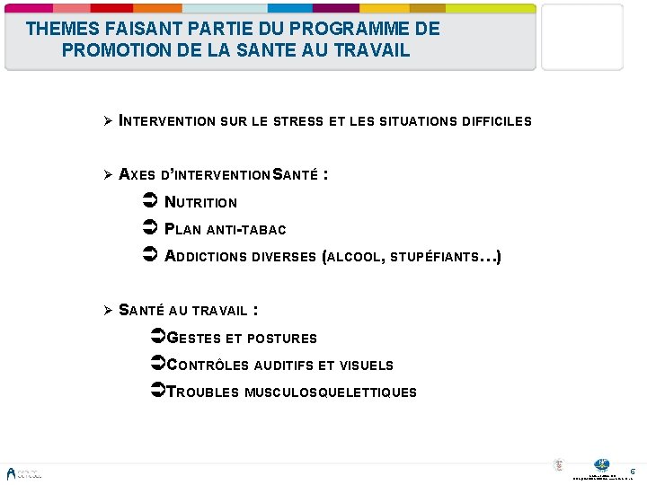 THEMES FAISANT PARTIE DU PROGRAMME DE PROMOTION DE LA SANTE AU TRAVAIL Ø INTERVENTION