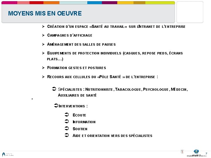 MOYENS MIS EN OEUVRE Ø CRÉATION D’UN ESPACE « SANTÉ AU TRAVAIL» SUR LI’NTRANET