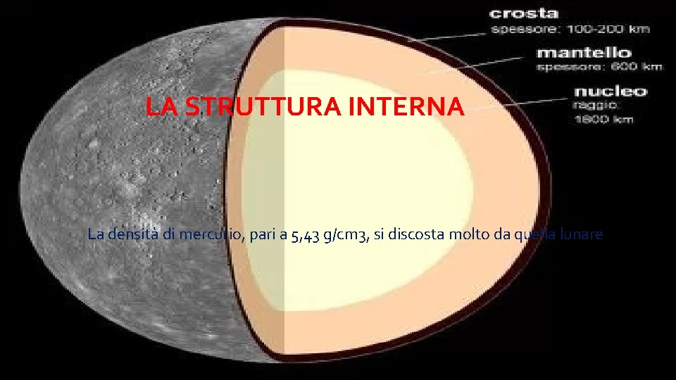 LA STRUTTURA INTERNA La densità di mercurio, pari a 5, 43 g/cm 3, si