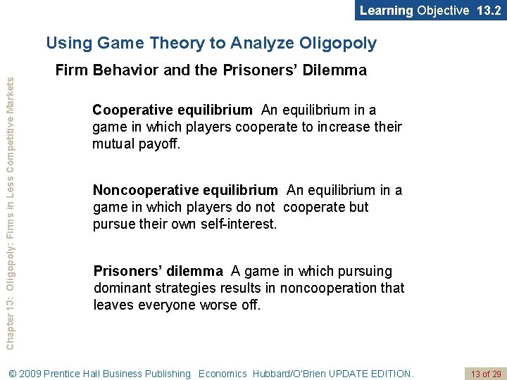 Learning Objective 13. 2 Chapter 13: Oligopoly: Firms in Less Competitive Markets Using Game