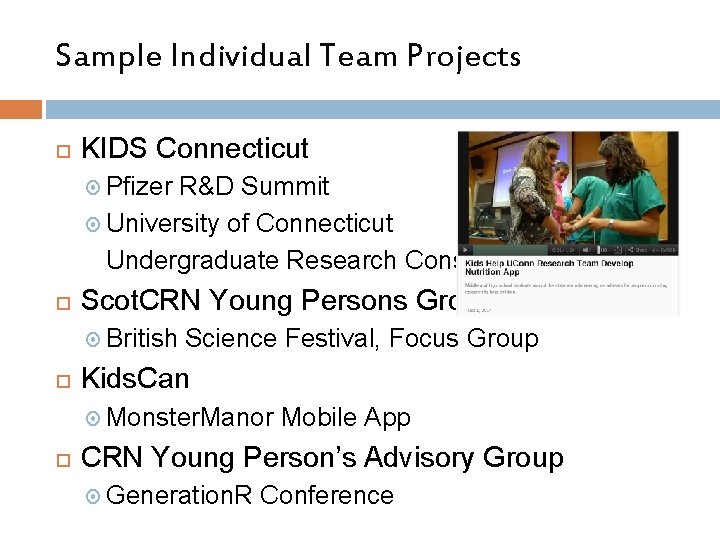 Sample Individual Team Projects KIDS Connecticut Pfizer R&D Summit University of Connecticut Undergraduate Research Sample Individual Team Projects KIDS Connecticut Pfizer R&D Summit University of Connecticut Undergraduate Research