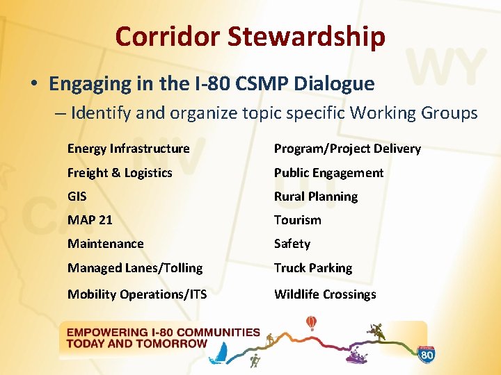 Corridor Stewardship • Engaging in the I-80 CSMP Dialogue – Identify and organize topic