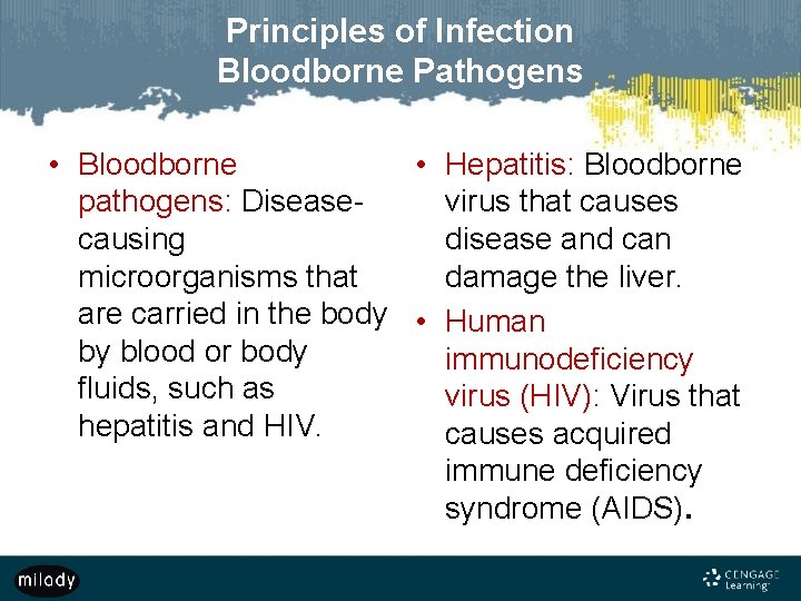Principles of Infection Bloodborne Pathogens • Bloodborne • Hepatitis: Bloodborne pathogens: Diseasevirus that causes