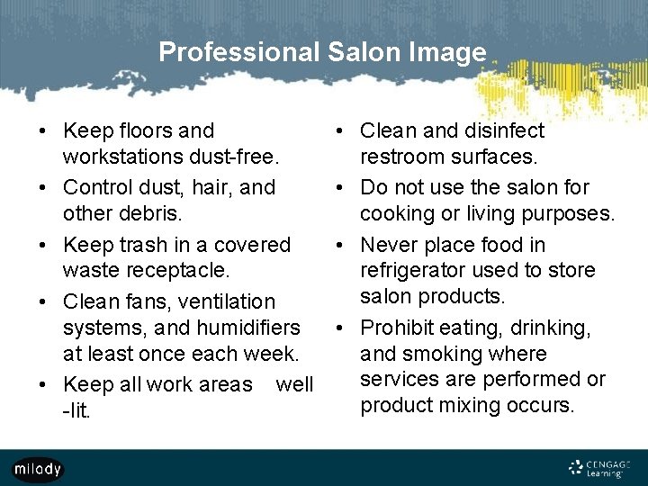 Professional Salon Image • Keep floors and workstations dust-free. • Control dust, hair, and