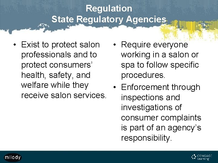Regulation State Regulatory Agencies • Exist to protect salon • Require everyone professionals and
