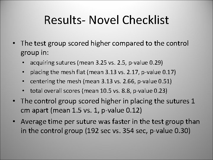 Results- Novel Checklist • The test group scored higher compared to the control group