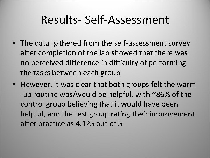 Results- Self-Assessment • The data gathered from the self-assessment survey after completion of the