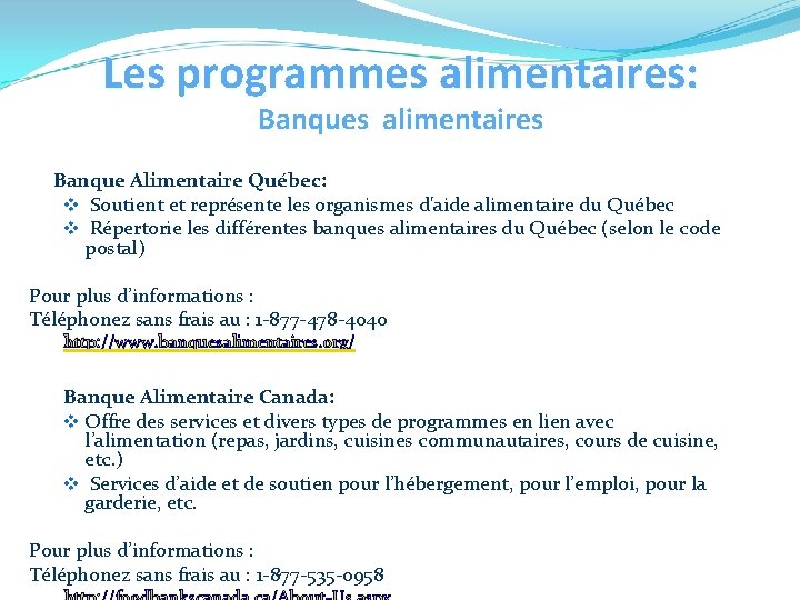 Les programmes alimentaires: Banques alimentaires Banque Alimentaire Québec: v Soutient et représente les organismes