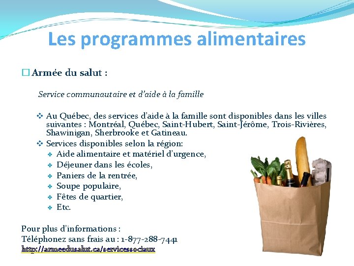 Les programmes alimentaires � Armée du salut : Service communautaire et d’aide à la