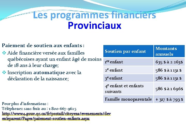 Les programmes financiers Provinciaux Paiement de soutien aux enfants : v Aide financière versée