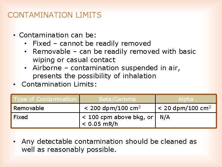 CONTAMINATION LIMITS • Contamination can be: • Fixed – cannot be readily removed •