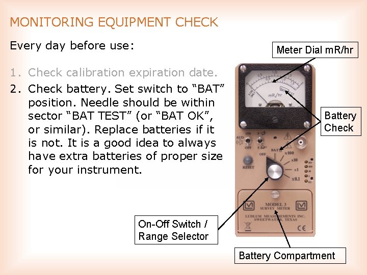 MONITORING EQUIPMENT CHECK Every day before use: Meter Dial m. R/hr 1. Check calibration