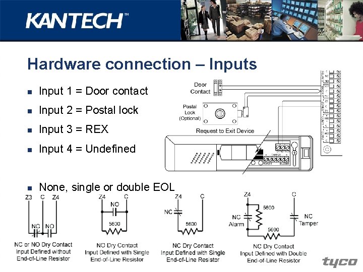 Hardware connection – Inputs n Input 1 = Door contact n Input 2 =