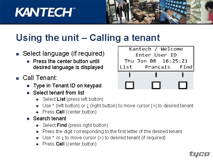 Using the unit – Calling a tenant n Select language (if required) l n