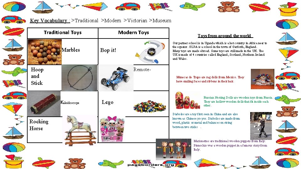 Key Vocabulary : >Traditional >Modern >Victorian >Museum Traditional Toys Marbles Modern Toys Kaleidoscop •