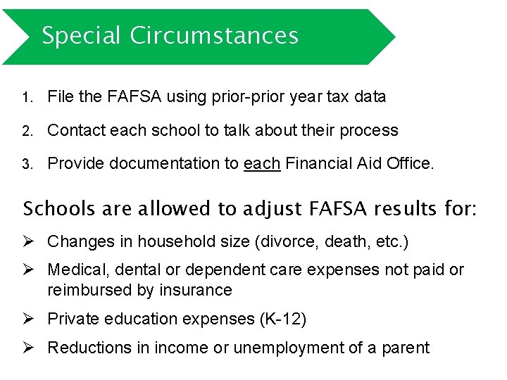 Special Circumstances 1. File the FAFSA using prior-prior year tax data 2. Contact each