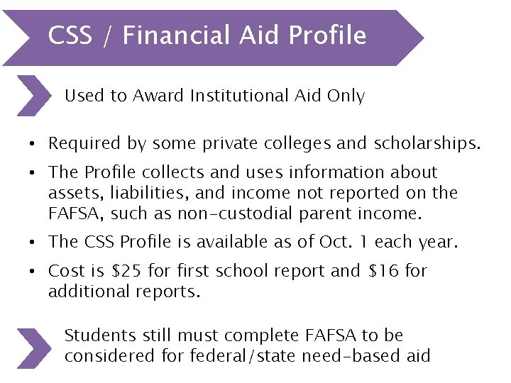 CSS / Financial Aid Profile Used to Award Institutional Aid Only • Required by