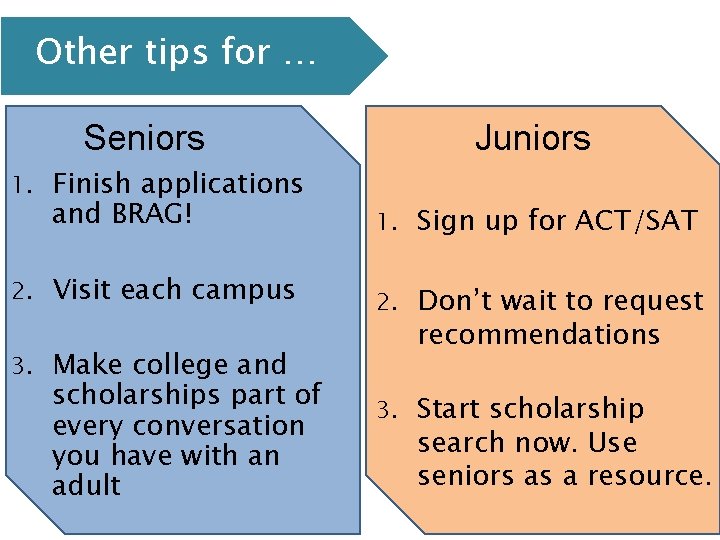 Other tips for … Juniors Seniors Finish applications and BRAG! 1. Sign up for