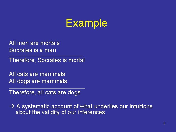 Example All men are mortals Socrates is a man ____________________________ Therefore, Socrates is mortal