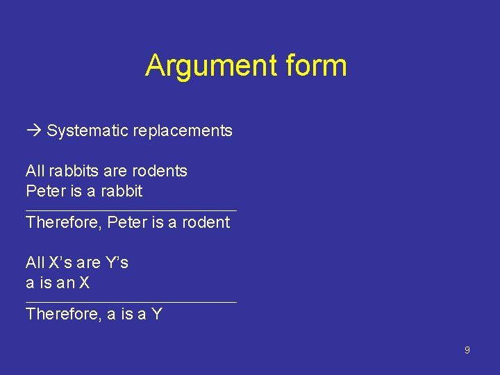 Argument form Systematic replacements All rabbits are rodents Peter is a rabbit ____________________ Therefore,