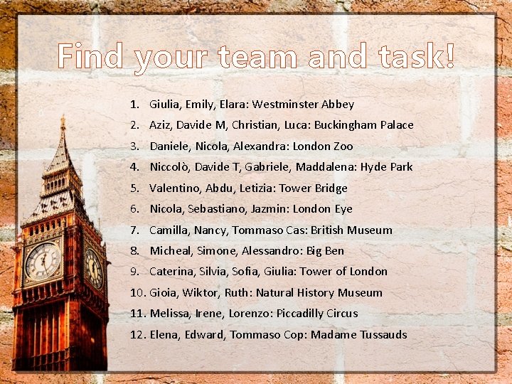 Find your team and task! 1. Giulia, Emily, Elara: Westminster Abbey 2. Aziz, Davide