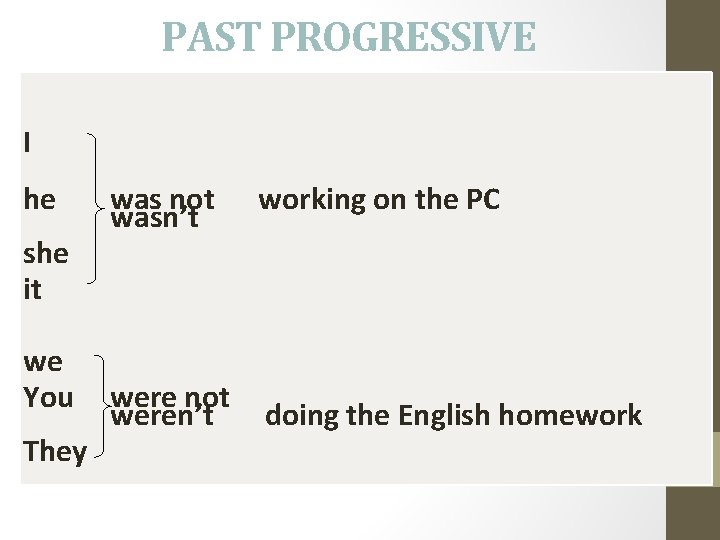 PAST PROGRESSIVE I he was not working on the PC wasn’t she it we