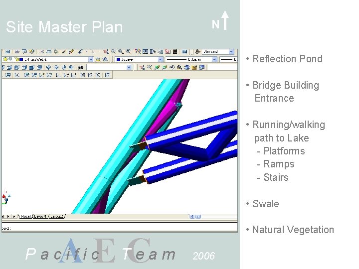 Site Master Plan N • Reflection Pond • Bridge Building Entrance • Running/walking path