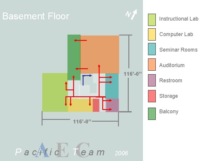 N Basement Floor Instructional Lab Computer Lab Seminar Rooms Auditorium 116’-0” Restroom Storage Balcony