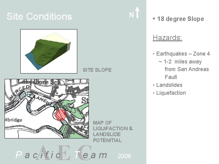 N Site Conditions • 18 degree Slope Hazards: • Earthquakes – Zone 4 ~