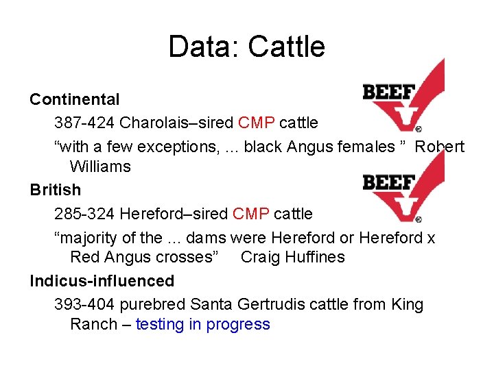 Data: Cattle Continental 387 -424 Charolais–sired CMP cattle “with a few exceptions, . .