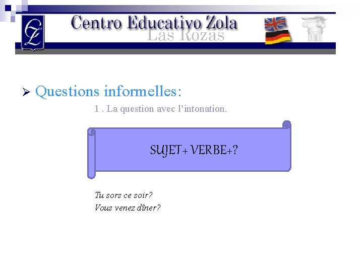 Ø Questions informelles: 1. La question avec l’intonation. SUJET+ VERBE+? Tu sors ce soir?