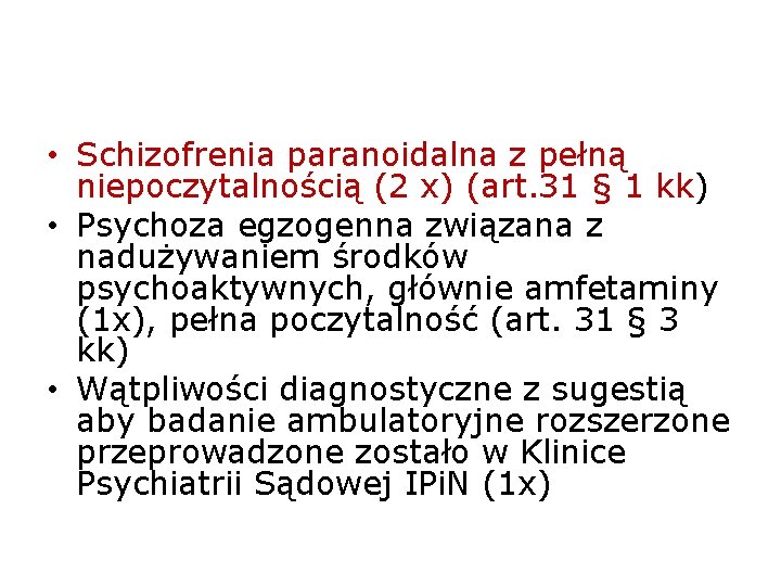  • Schizofrenia paranoidalna z pełną niepoczytalnością (2 x) (art. 31 § 1 kk)