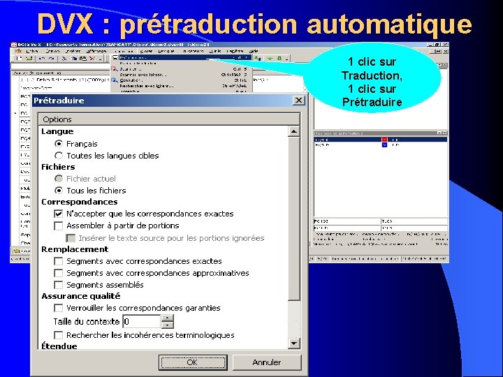 DVX : prétraduction automatique 1 clic sur Traduction, 1 clic sur Prétraduire 