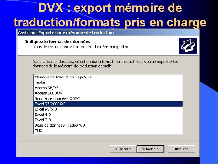 DVX : export mémoire de traduction/formats pris en charge 