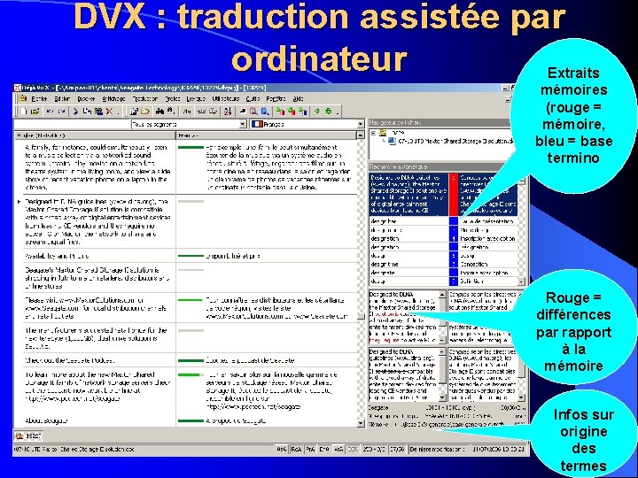 DVX : traduction assistée par ordinateur Extraits mémoires (rouge = mémoire, bleu = base