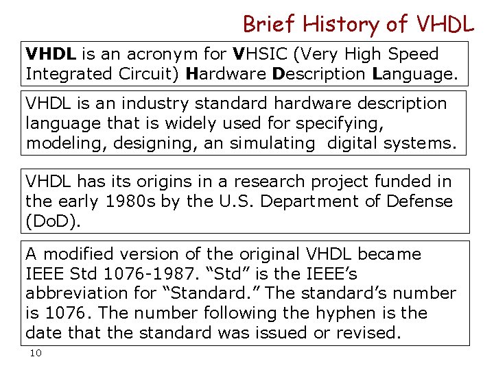 Brief History of VHDL is an acronym for VHSIC (Very High Speed Integrated Circuit)