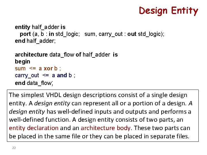 Design Entity entity half_adder is port (a, b : in std_logic; sum, carry_out :