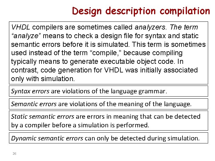 Design description compilation VHDL compilers are sometimes called analyzers. The term “analyze” means to