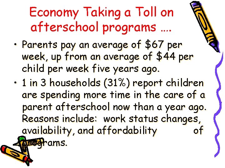 Economy Taking a Toll on afterschool programs …. • Parents pay an average of