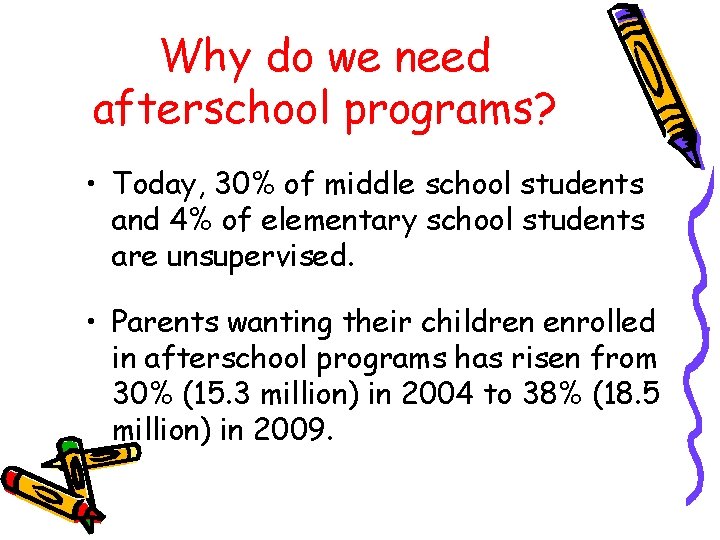 Why do we need afterschool programs? • Today, 30% of middle school students and