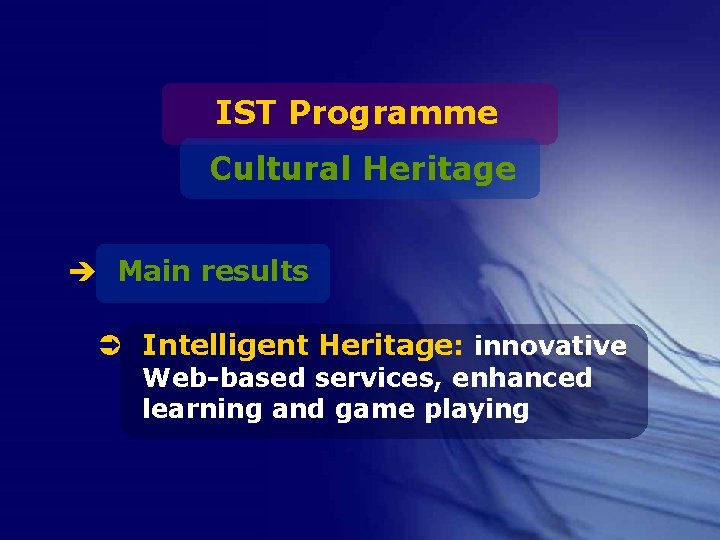 IST Programme Cultural Heritage è Main results Ü Intelligent Heritage: innovative Web-based services, enhanced